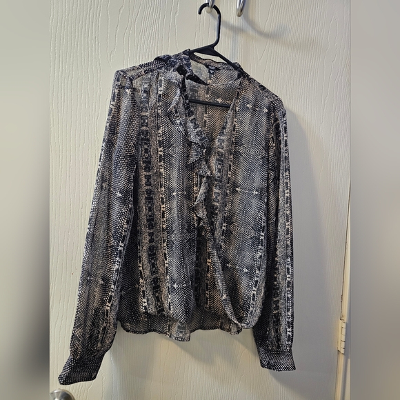 Guess Black and Tan Snake Patterned Blouse Sz M Sheer And Ruffle Accent - Picture 1 of 3